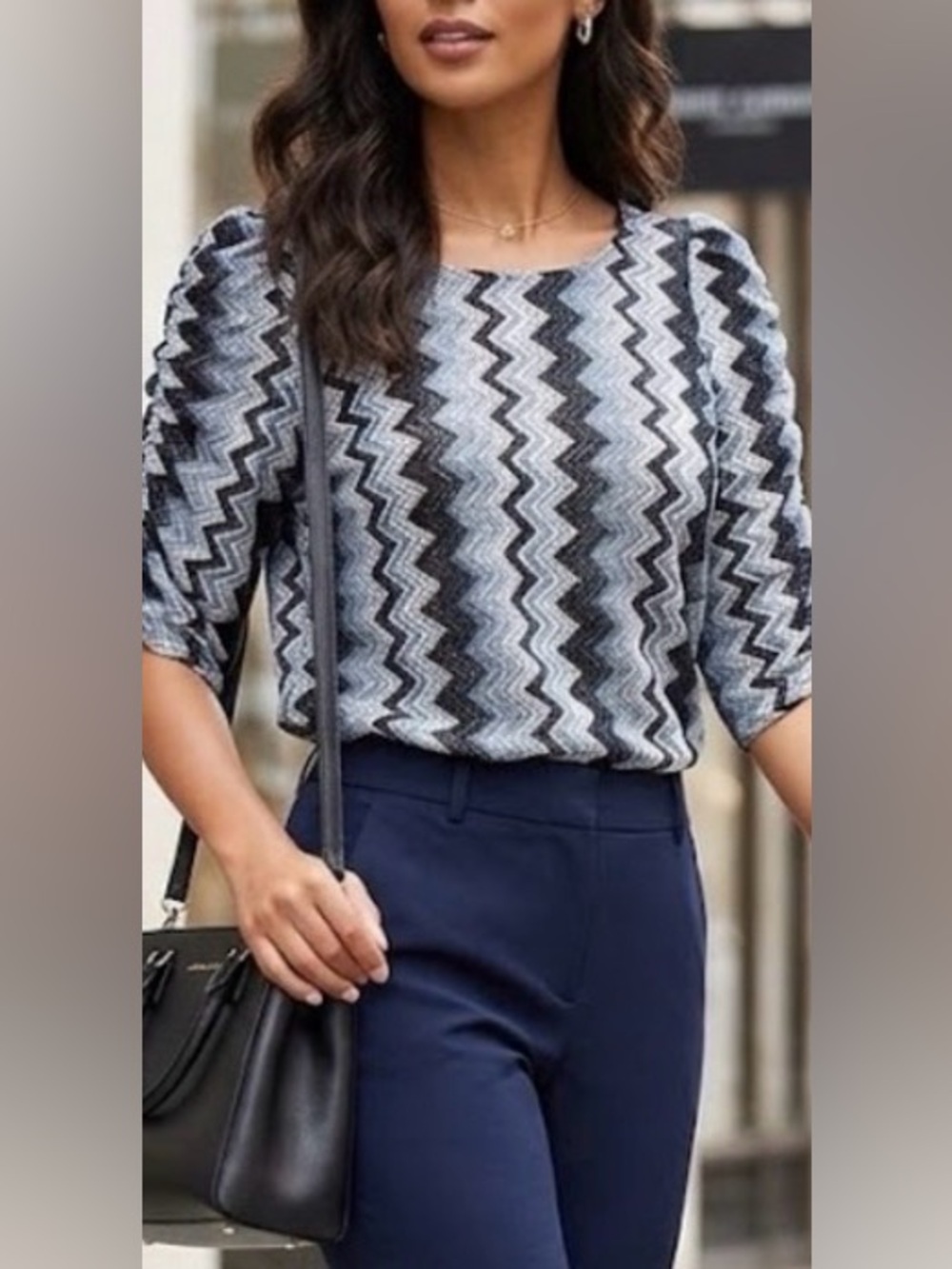 Zigzag stripes Knit top puff sleeves L